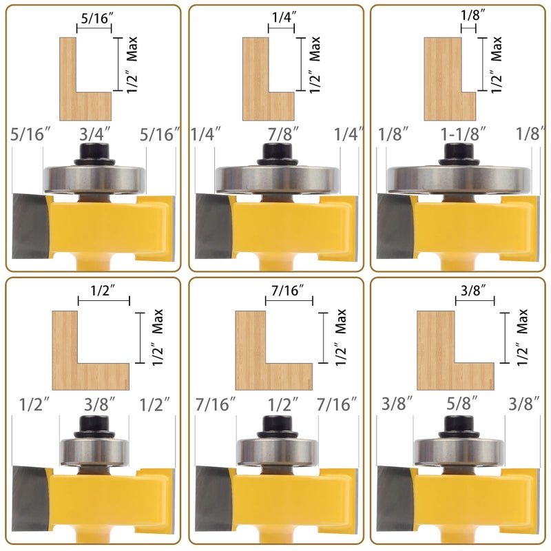 Exqutoo 1/4 Inch Shank Rabbet Router Bit Set with 6 Adjustable Bearing Carbide Tipped Rabbeting Bit(1/8",1/4",5/16" 3/8",7/16",1/2") CNC Router Bits Woodworking Tools for Doors Drill Bitâ€¦ - Image 4